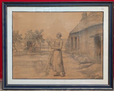 dessin représentant une femme tenant un bâton devant une maison