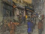 une peinture représentant un groupe de personnes marchant dans la rue