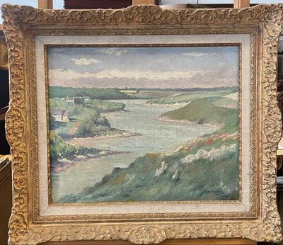 an oil painting of a view of a beach with a lighthouse in the distance