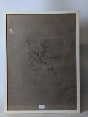 un dessin encadré représentant un homme à cheval dans un champ
