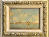 une peinture à l'huile représentant des bateaux sur un plan d'eau, avec le ciel en arrière-plan