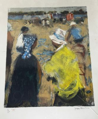 une image d'un tableau représentant un groupe de personnes sur une plage