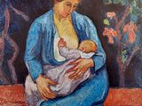 painting of a woman holding a baby in a blue dress