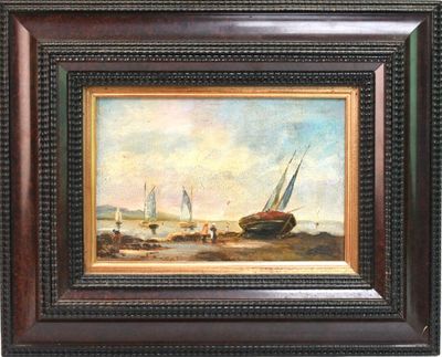 un tableau représentant un bateau sur la plage, avec d'autres bateaux dans l'eau