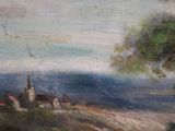 an oil painting of a church on a hill overlooking the ocean