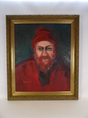 tableau représentant un homme barbu coiffé d'un chapeau rouge, dans un cadre doré