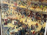 an oil painting of a crowd of people walking down a street