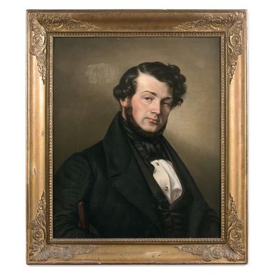 un tableau représentant un homme en costume noir et nœud papillon