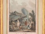 an old painting of a group of people in front of a tent