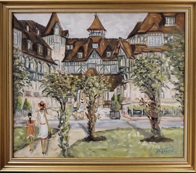tableau représentant une femme marchant sur un chemin devant un bâtiment