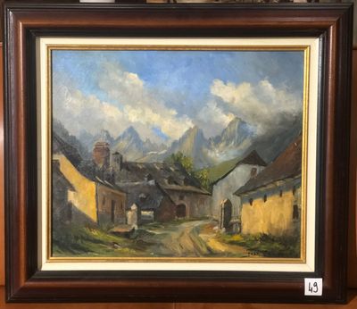 une peinture à l'huile représentant une scène de village avec une chaîne de montagnes en arrière-plan