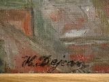 a painting on the wall of a building with a clock on it