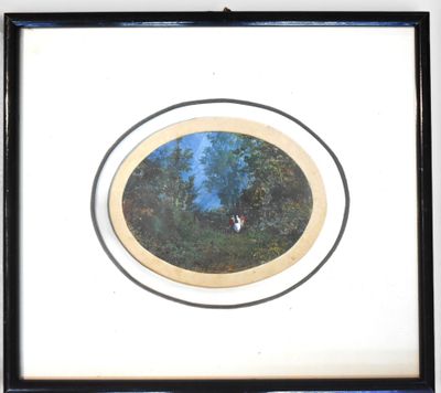 framed picture of a painting of a man and a dog in a wooded area