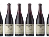 six bottles of wine are lined up on a white surface