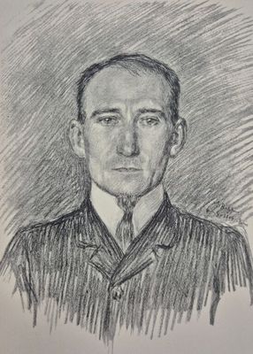 dessin représentant un homme en costume-cravate sur une photo en noir et blanc