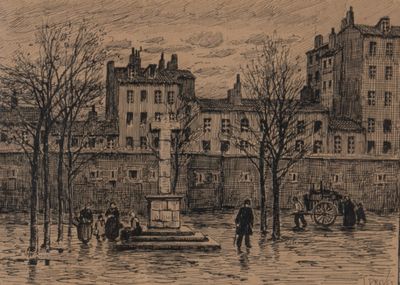 a drawing of a fountain in the middle of a city