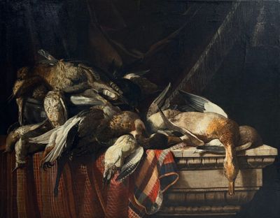 un tableau représentant un tas d'oiseaux morts posés sur une table