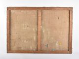 an old wooden frame with a painting on it on a white surface