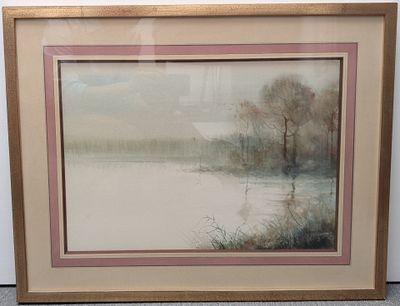aquarelle encadrée représentant un paysage fluvial avec des arbres au loin