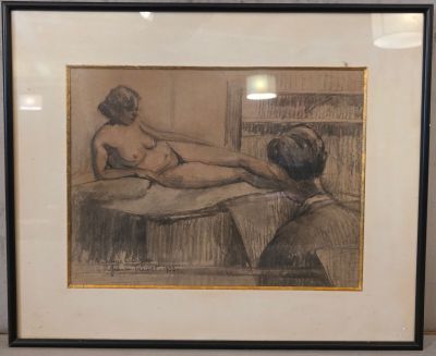 tableau représentant une femme nue assise sur un lit, tandis qu'un homme la regarde