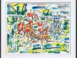 painting of a group of people riding horses in a field