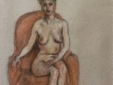 dessin représentant une femme nue assise sur une chaise, les jambes croisées
