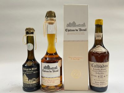 trois bouteilles de vin et une boîte de vin posées sur une table