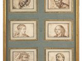 a set of six framed drawings of men ' s heads