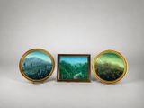 three framed paintings of trees and a mountain range