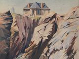 painting of a house on a cliff overlooking a body of water