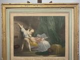 an old painting of a woman laying on a bed next to a cat
