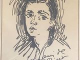 drawing of a woman ' s face in black ink on a piece of paper