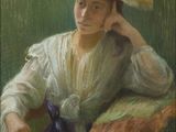 tableau représentant une femme assise sur une chaise avec un panier de fleurs
