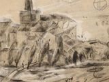 dessin représentant un château sur une colline, avec une rivière au premier plan