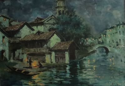a painting of a boat on a river with buildings and a clock tower in the background