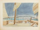 an image of a painting of a sailboat on a body of water with a city in the background