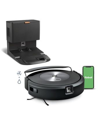 an image of a robotic vacuum cleaner with a phone and a charger