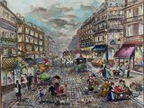 tableau représentant une rue animée de la ville, avec des gens qui se promènent et font leurs courses