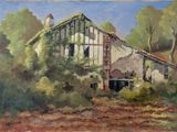 une peinture à l'huile représentant une vieille grange dans les bois
