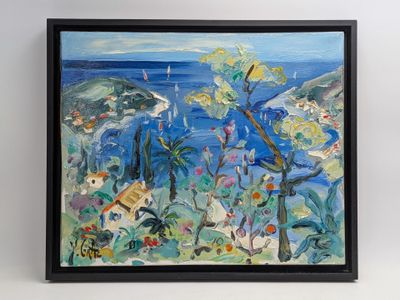 painting of a view of a bay with boats in the water
