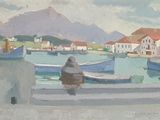 a painting of a woman sitting on a ledge by the water