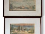 two framed paintings of a landscape with a church in the distance and trees in the foreground