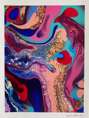 a close up of a colorful painting with gold glitter on it