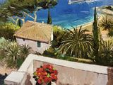 un tableau représentant une plante en pot sur un balcon donnant sur l'océan