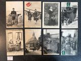 several old black and white photographs of people and horses in a town