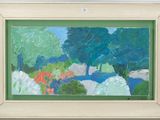 an oil painting of a landscape with trees and flowers in a white frame