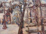 a painting of a street scene with a bench in the foreground