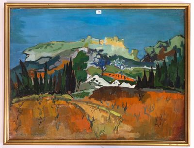 an image of a painting of a landscape with mountains in the background