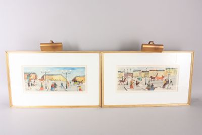 pair of framed watercolor paintings of people on the beach