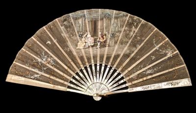 a fan with a painting on it on a black background